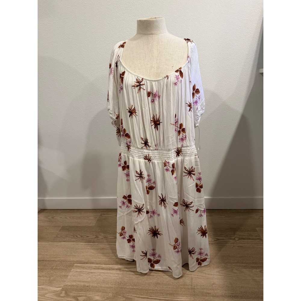 Dip Floral Smocked Waist Midi Dress White Brown Purple Short Sleeve Womens 3X